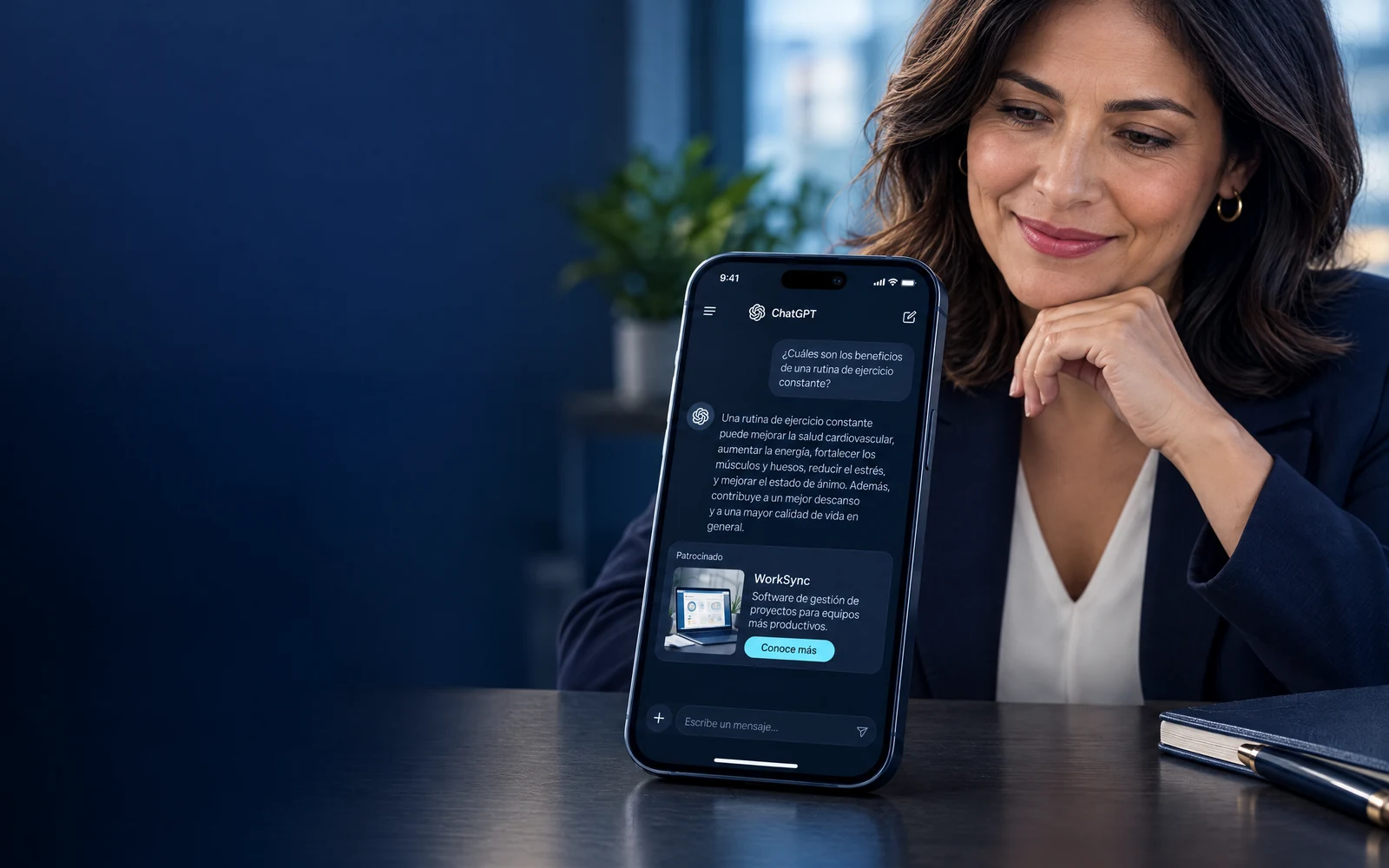 Anuncio patrocinado de ChatGPT Ads junto a una respuesta, visto en celular