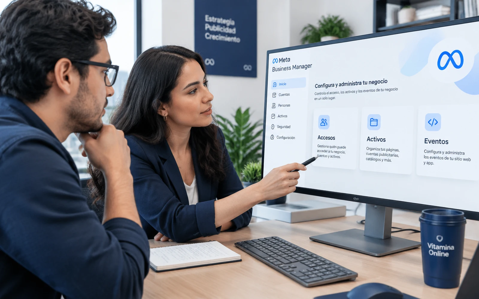 Equipo revisando el Administrador de Negocios de Meta