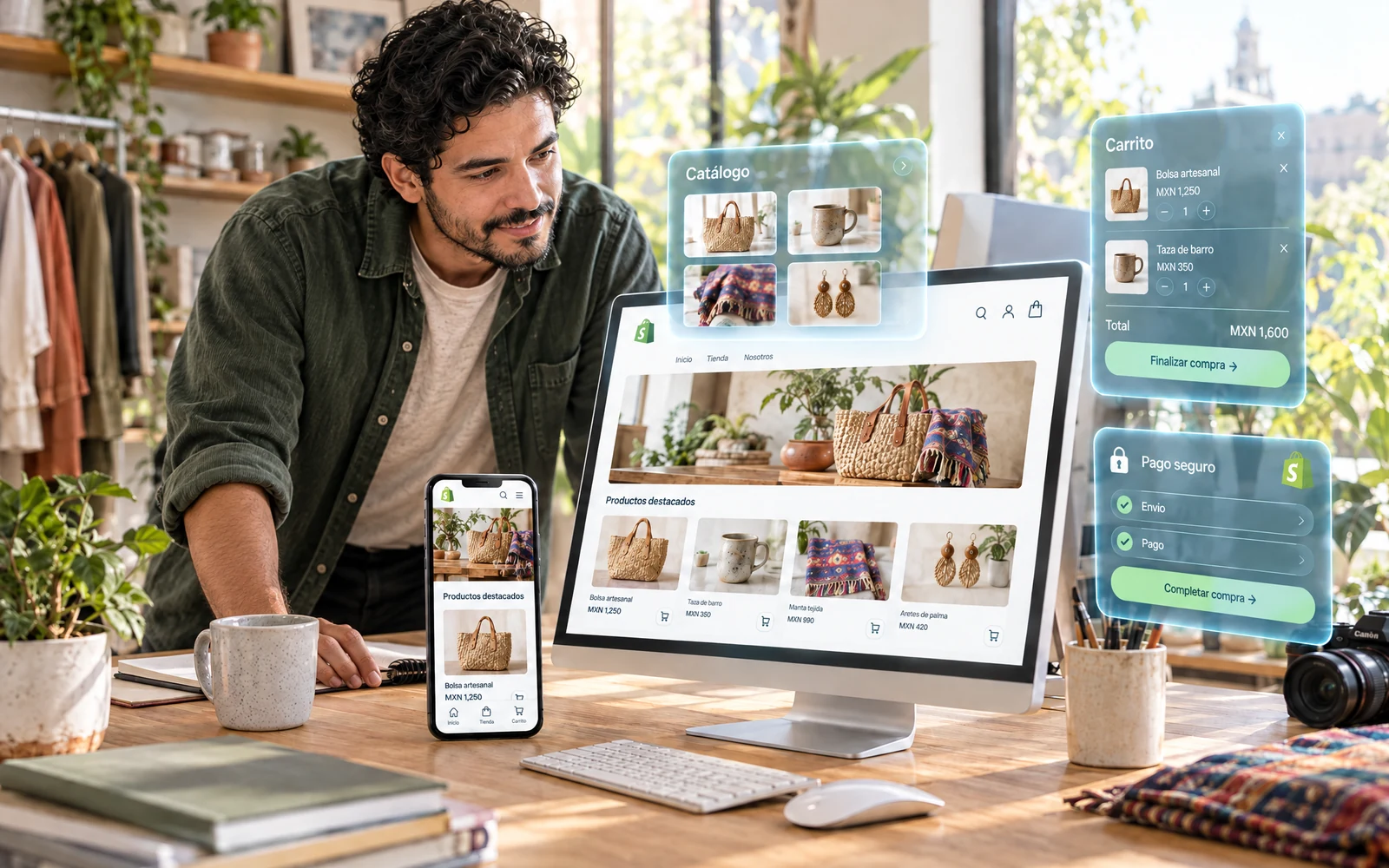 Creación de tienda en línea con Shopify vista en computadora y celular