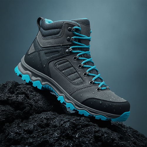 Vista previa: bota outdoor sobre roca volcánica, estudio minimalista