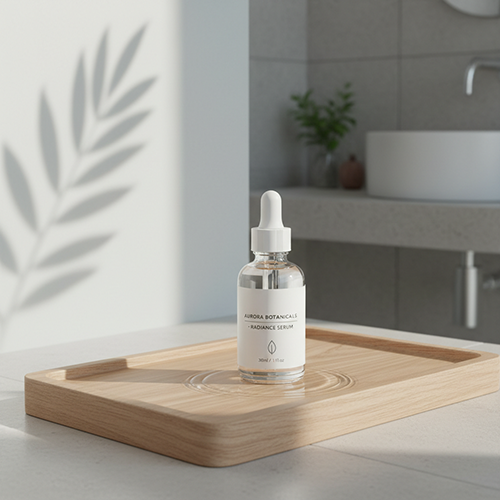Vista previa: frasco de sérum con luz de sol matutina, estilo botánico