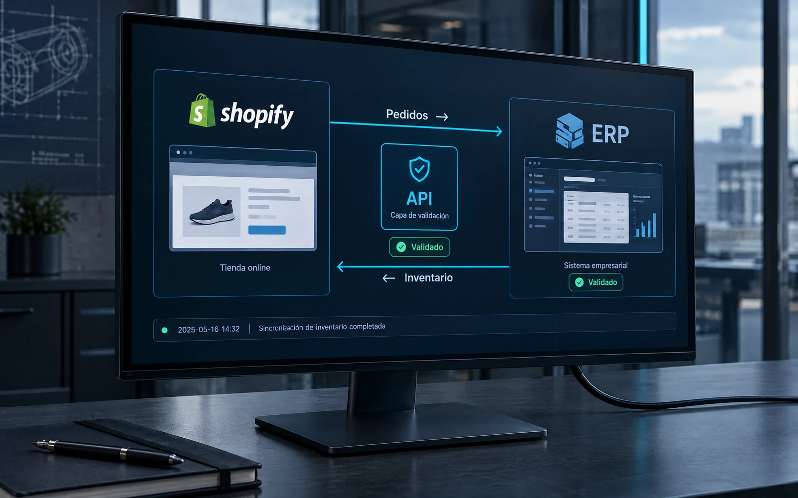 Diagrama de integración entre Shopify y un sistema ERP desarrollado por Vitamina Online
