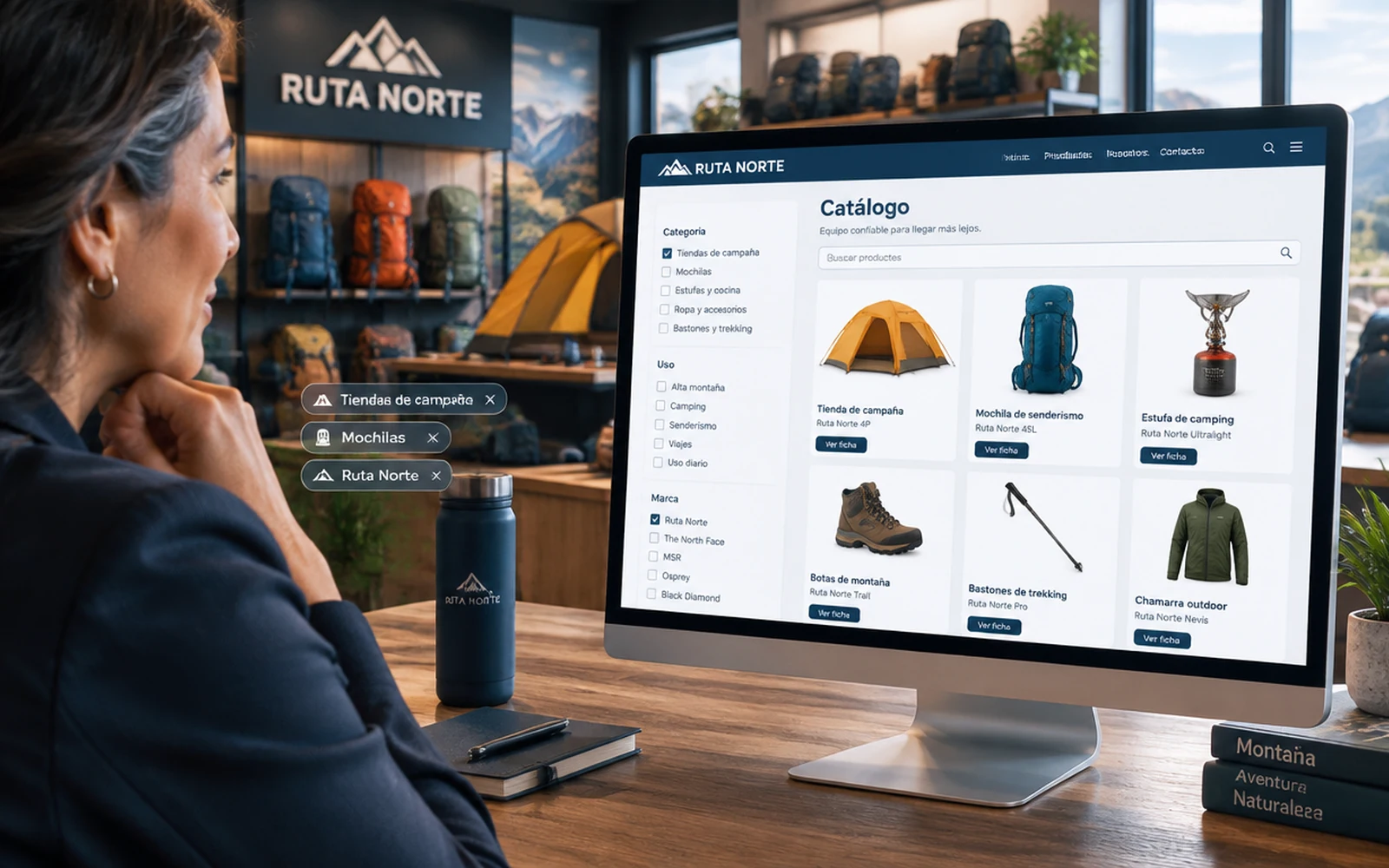 Página web con catálogo de productos y filtros, vista en escritorio