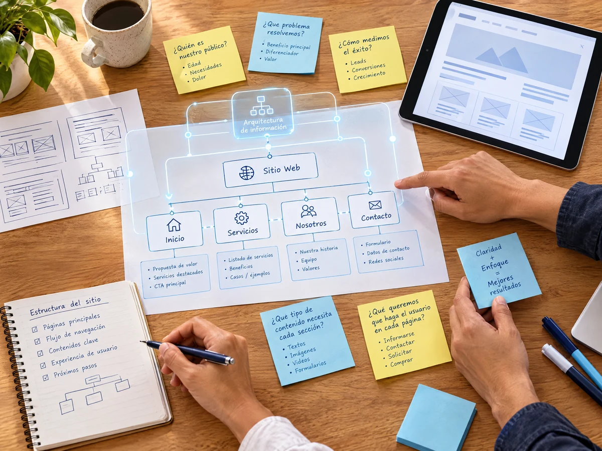 Equipo definiendo la estructura de una página web profesional antes del diseño